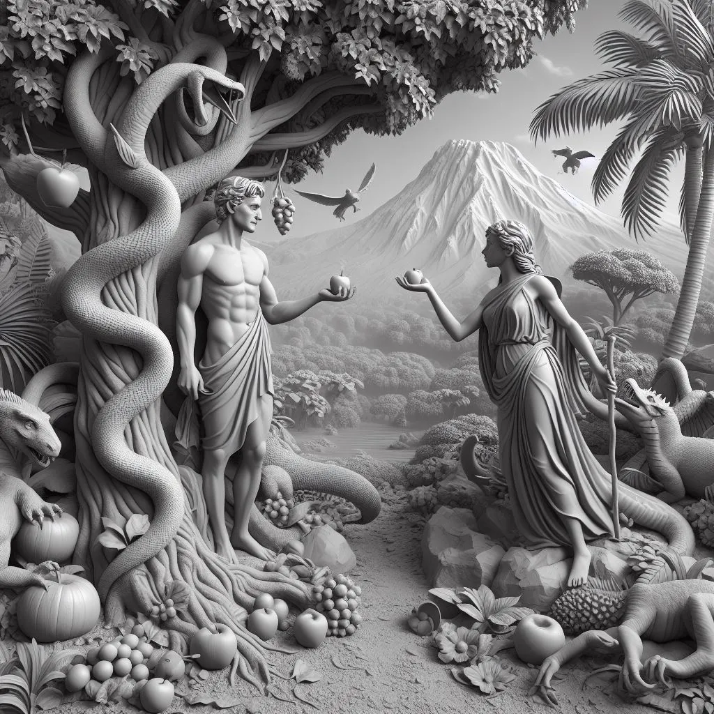 a black and white photo of a Adam and Eve in paradise -motion 3-camera zoom out