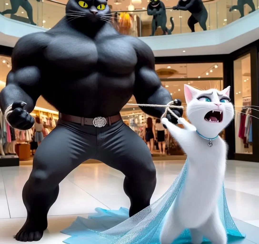 a cat and a man in costumes in a mall