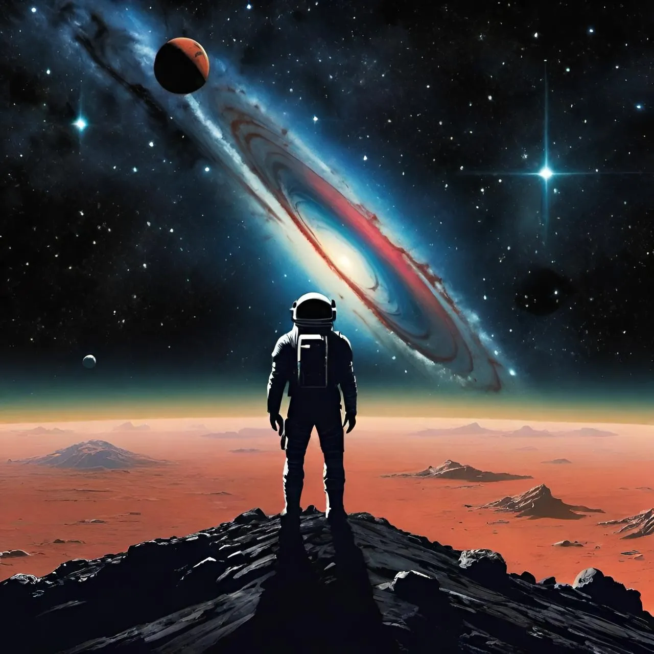 a man standing on top of a mountain in front of a galaxy