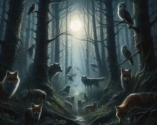 a painting of many animals in a forest