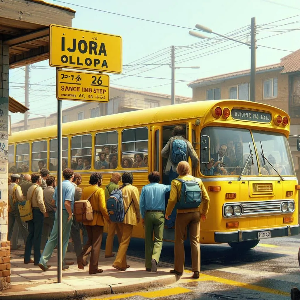 a painting of a group of people boarding a bus