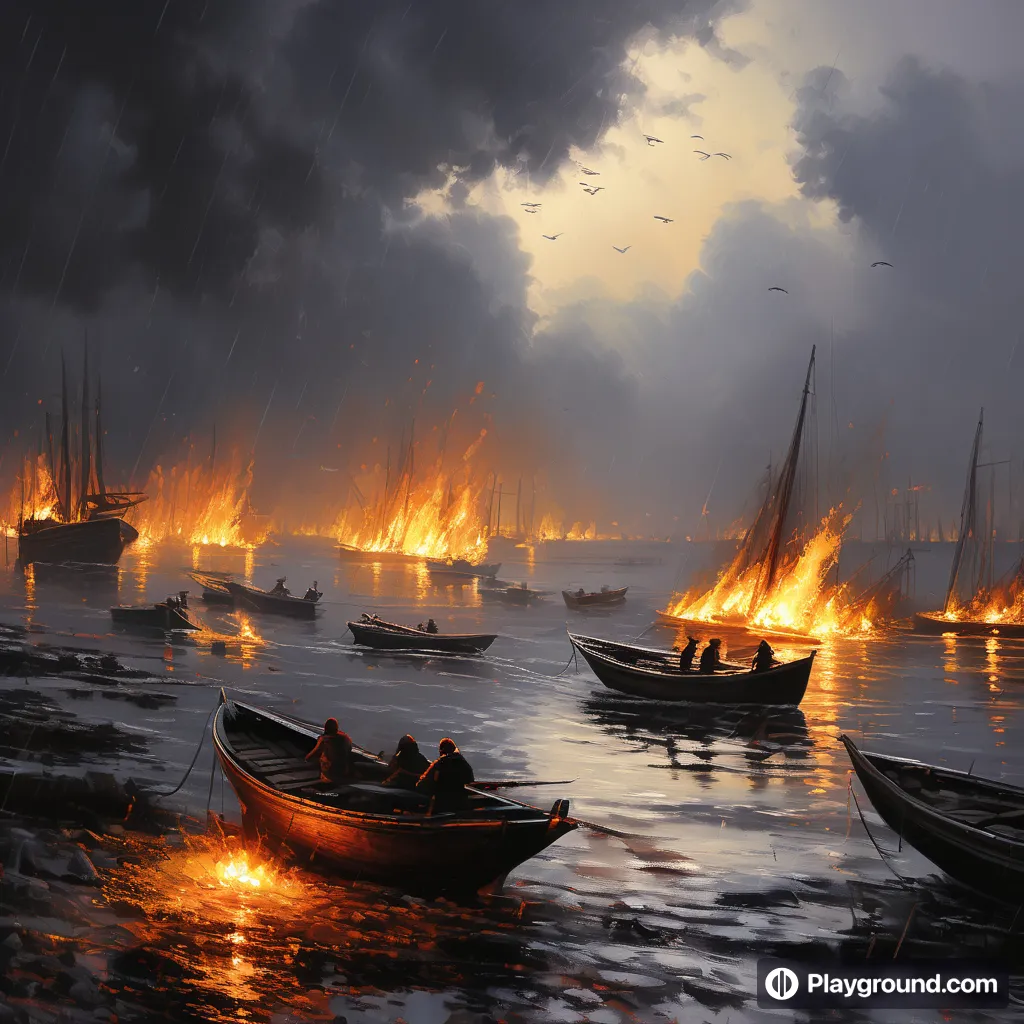 a painting of boats on a body of water