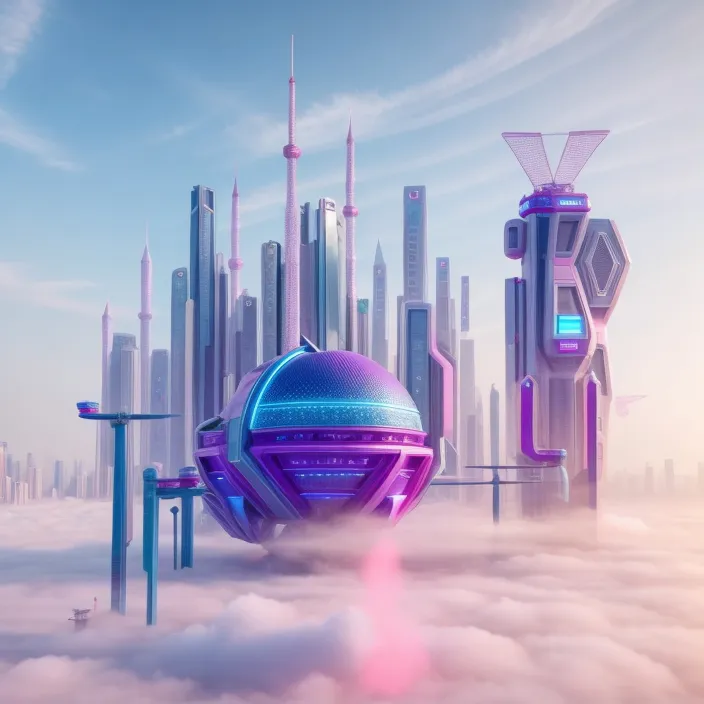 a futuristic city surrounded by clouds and skyscrapers