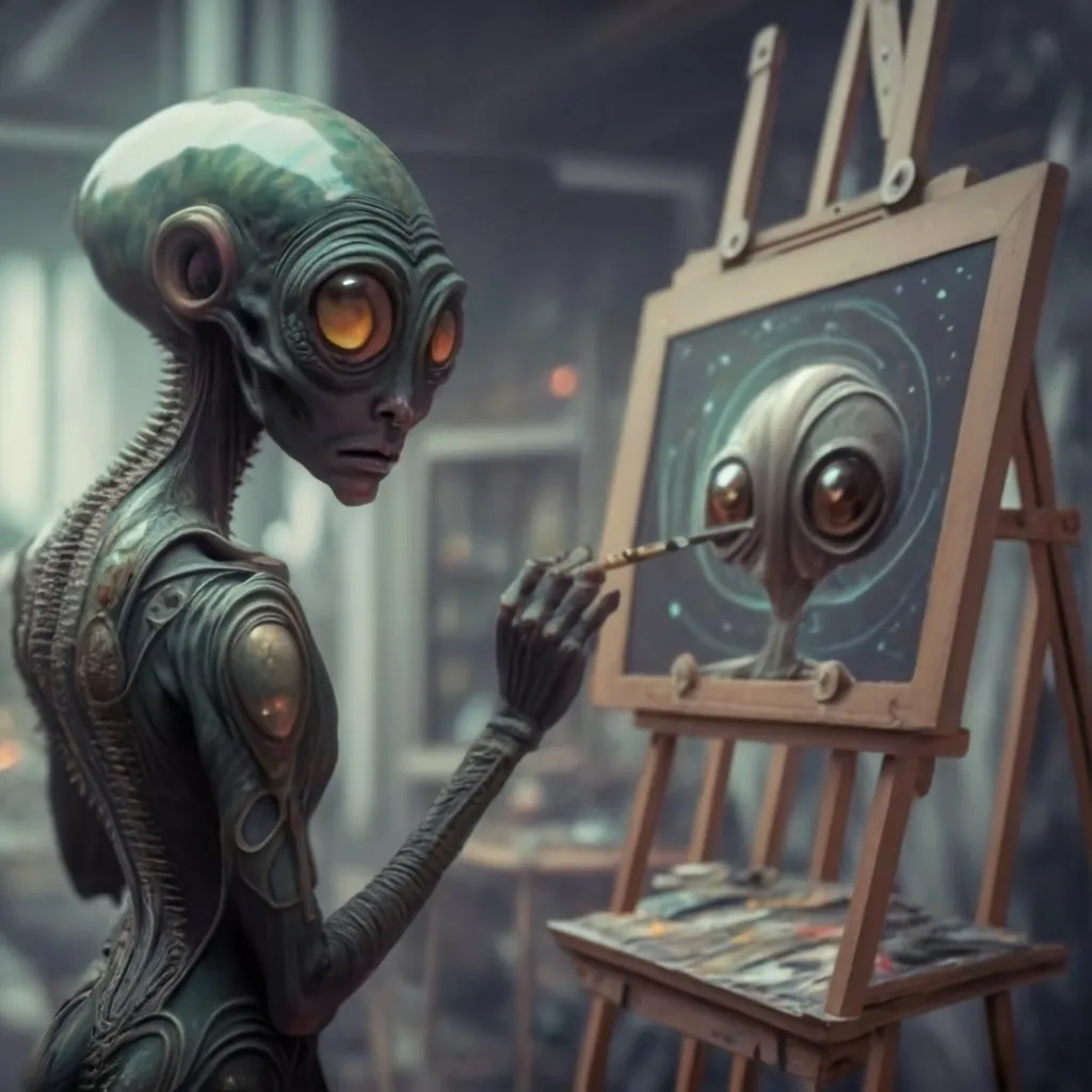 an alien is painting a picture on a easel