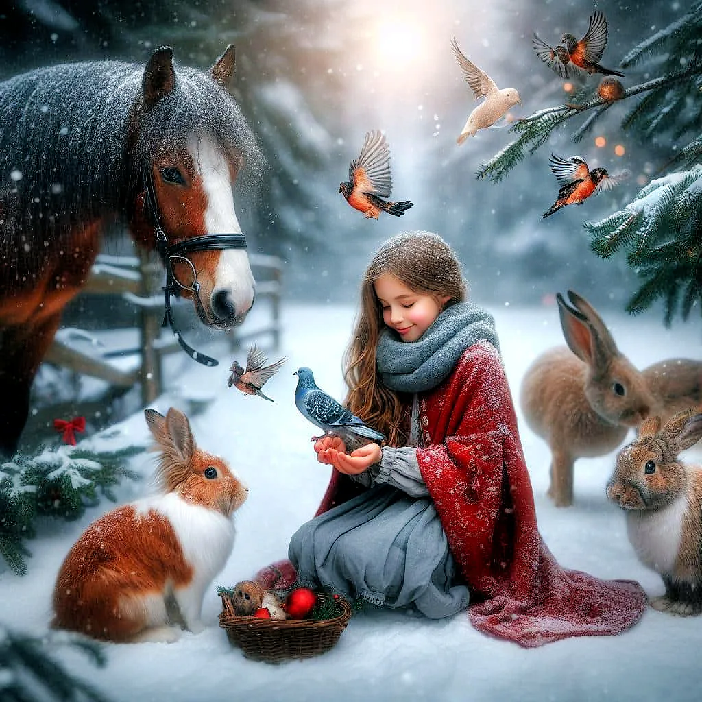 a little girl sitting in the snow surrounded by rabbits and horses