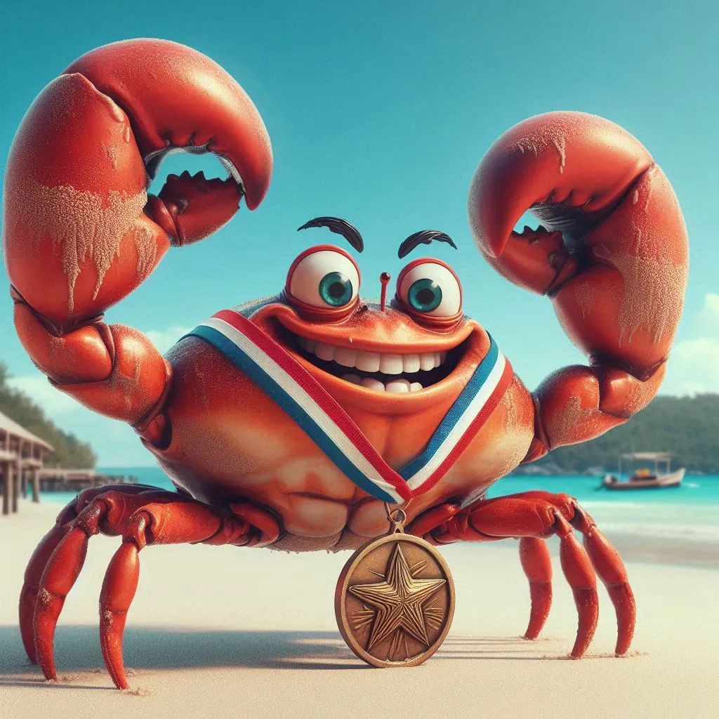 a cartoon crab with a medal on a beach