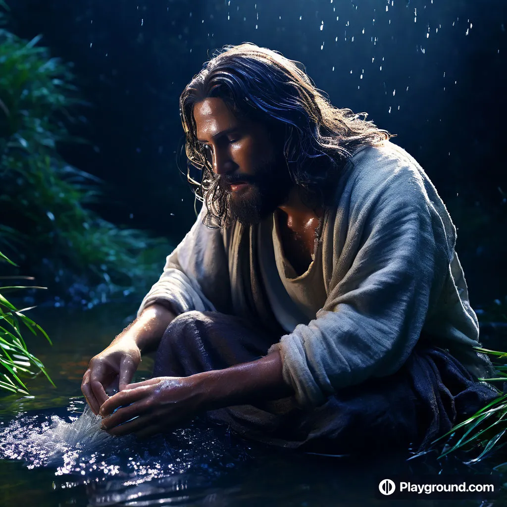 jesus washing his hands in a stream of water