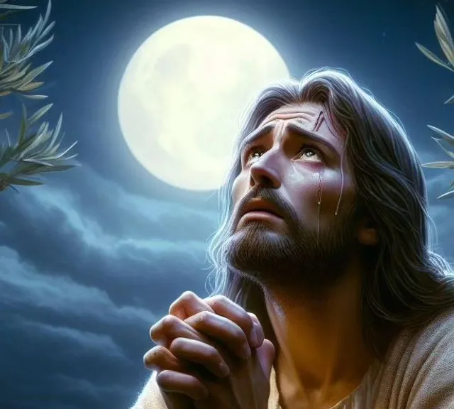 a painting of jesus praying in front of a full moon