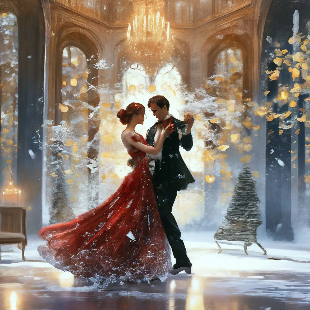 a painting of a couple dancing in the snow