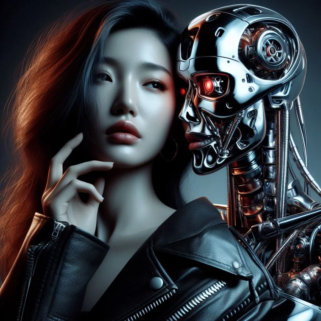 a woman in a leather jacket next to a robot