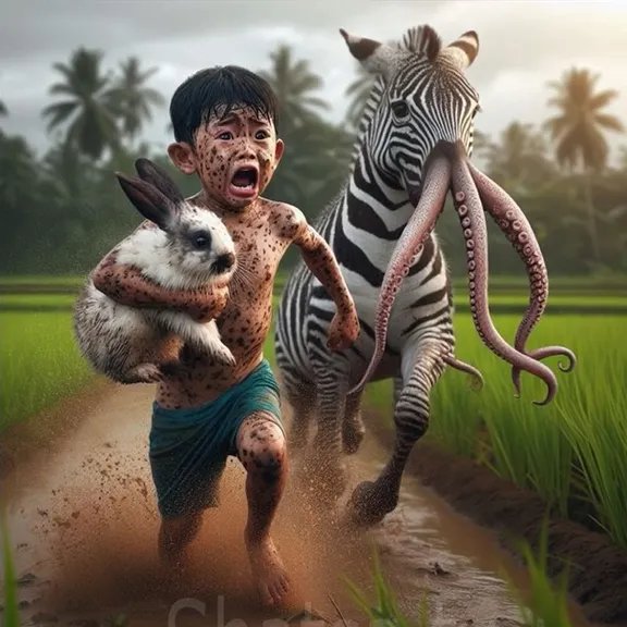 a boy with rabbit in the hand is running away from monster in the mud 