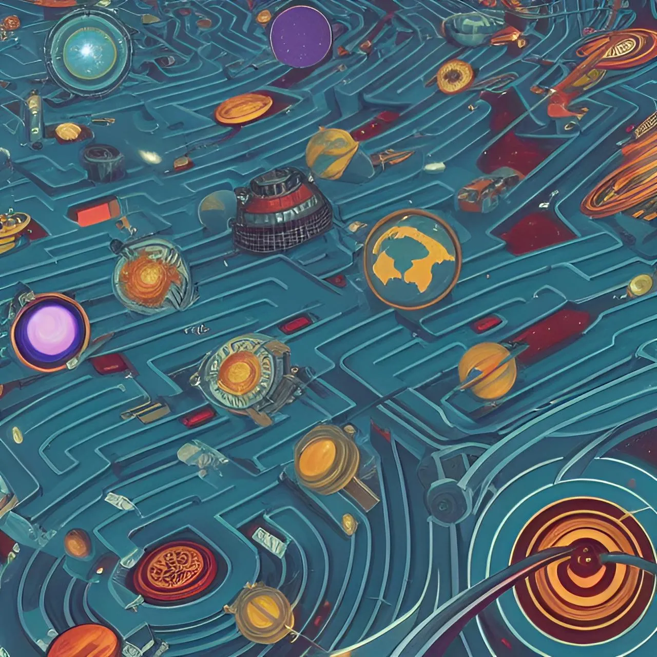 a computer generated image of a maze with a lot of planets