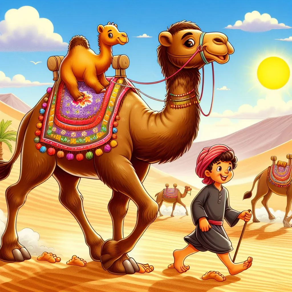 a boy walking with a camel in the desert