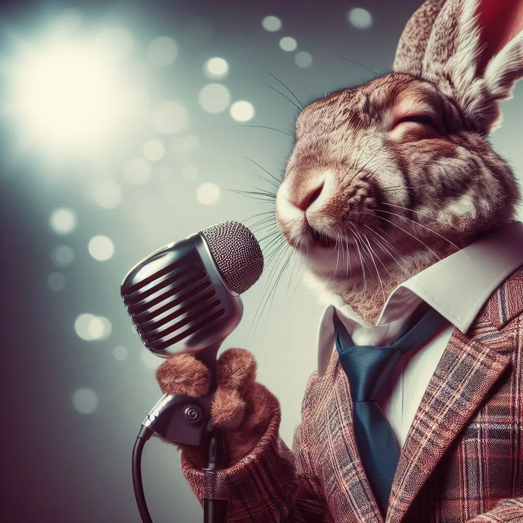 a rabbit wearing a suit and tie holding a microphone