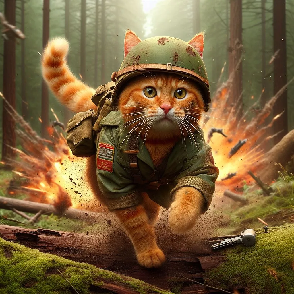 a cat in a military uniform running through a forest