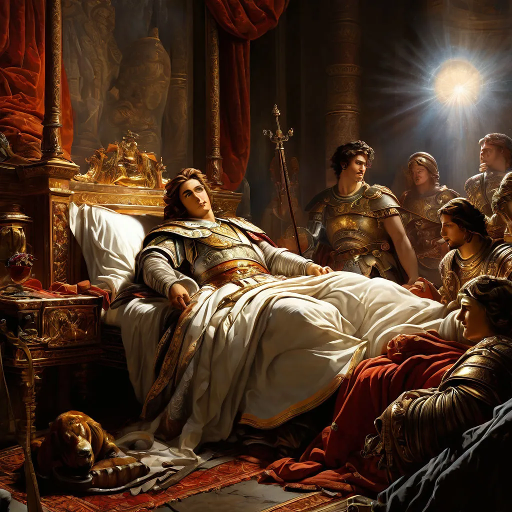 a painting of a woman laying on a bed surrounded by other people