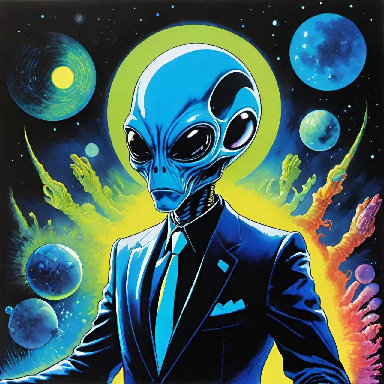 a painting of a man in a suit with an alien face