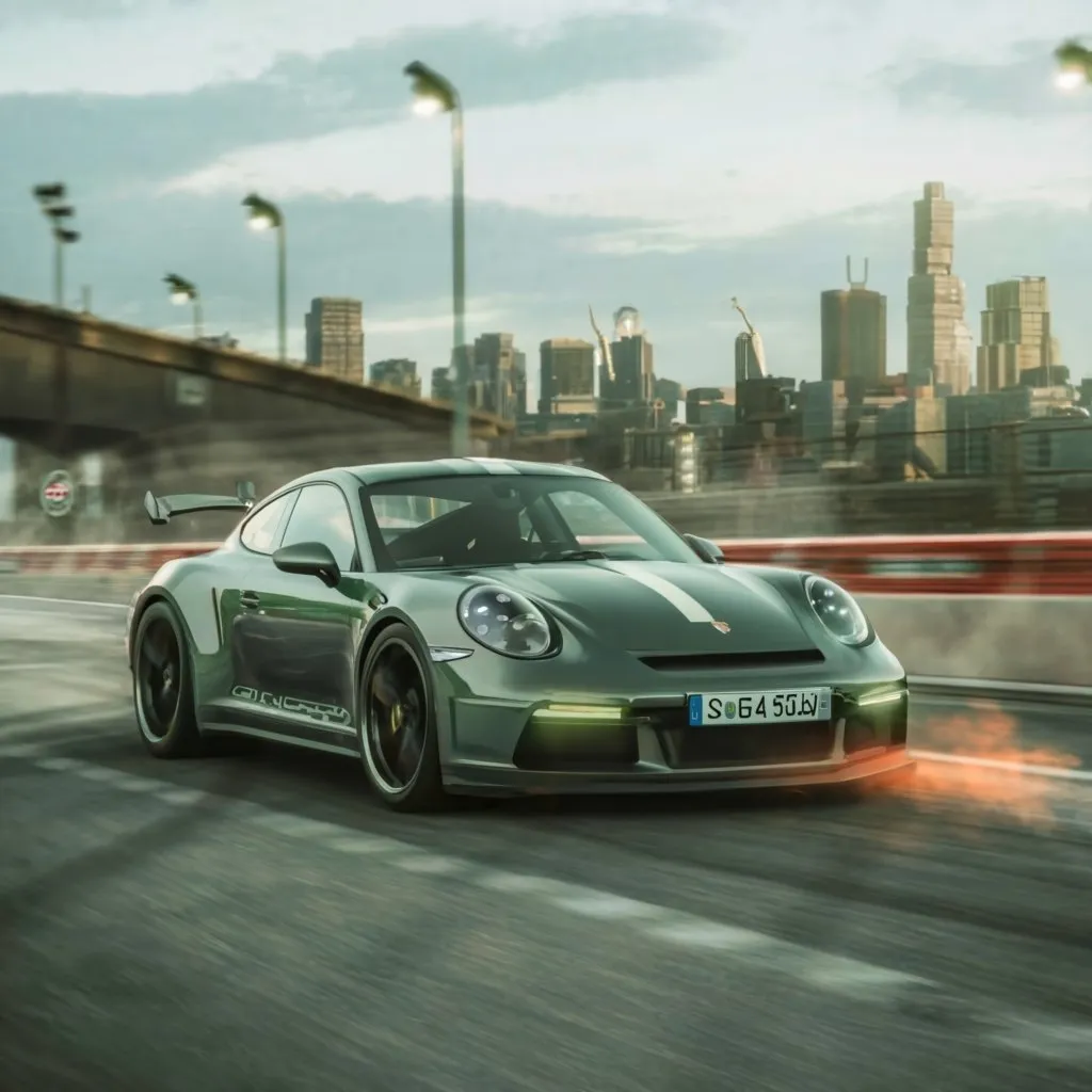 a green sports car driving down a city street