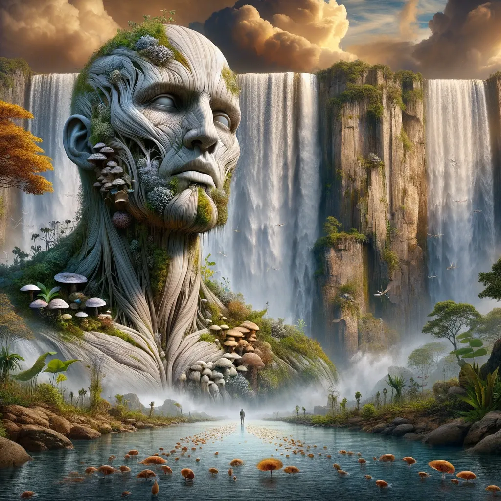 a painting of a man with a flowing waterfall in the background