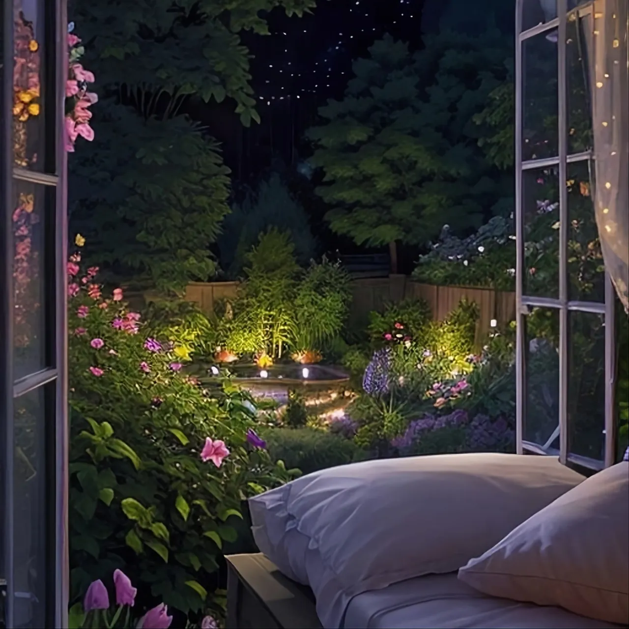 a bed sitting under a window next to a lush green forest