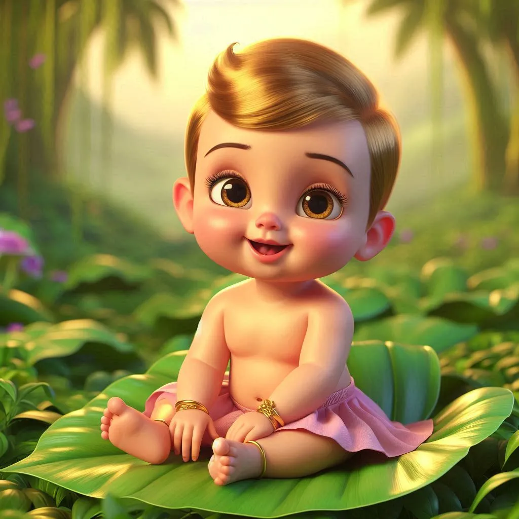 a  smiing  beautiful golden baby wearing pink small skirt  sitting on leaf   in jungle 3D animation cartoon  zoom out 