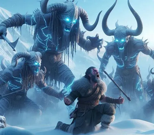 a group of horned men in the snow