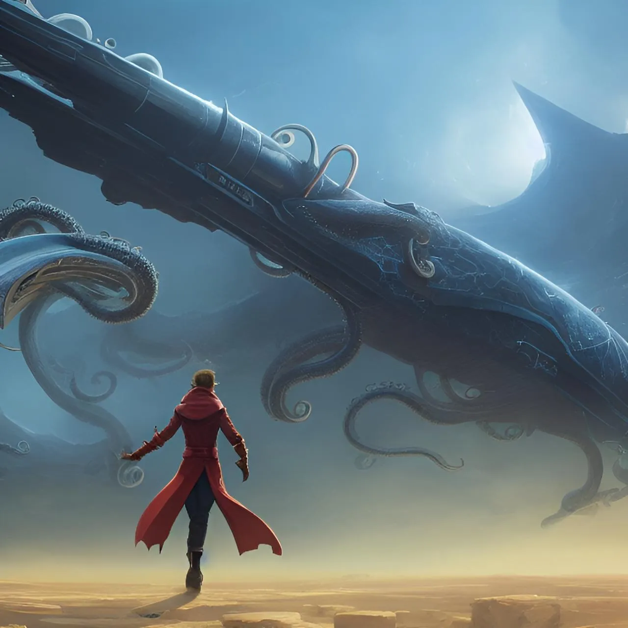 a woman in a red coat standing in front of a giant squid