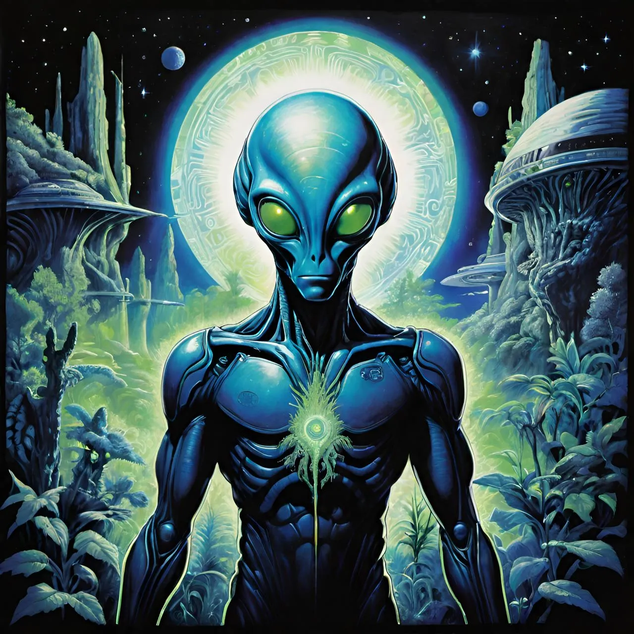 a painting of an alien standing in front of a full moon