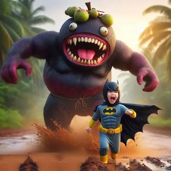 a little batman running away from giant fruit-monster