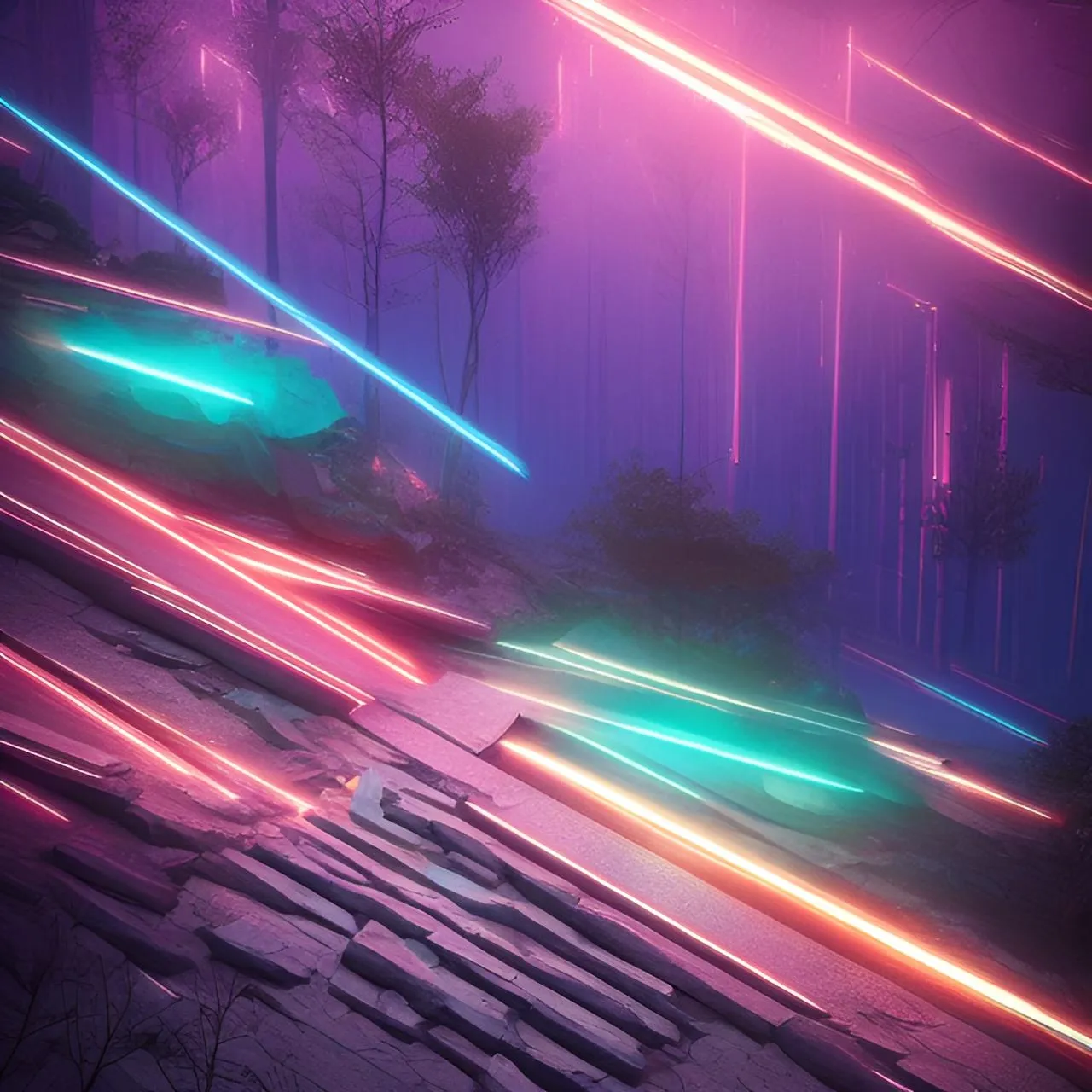 a computer generated image of neon lights in a forest