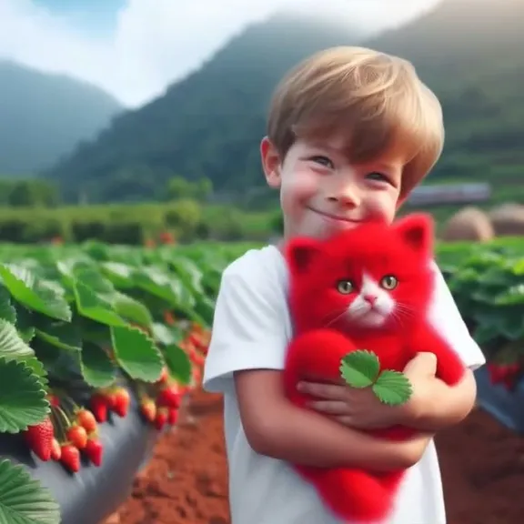 a young boy holding a red kitty in a strawberry field