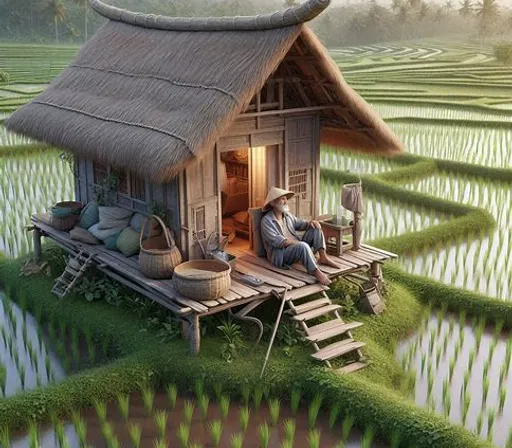 a man sitting on top of a small hut in a rice field