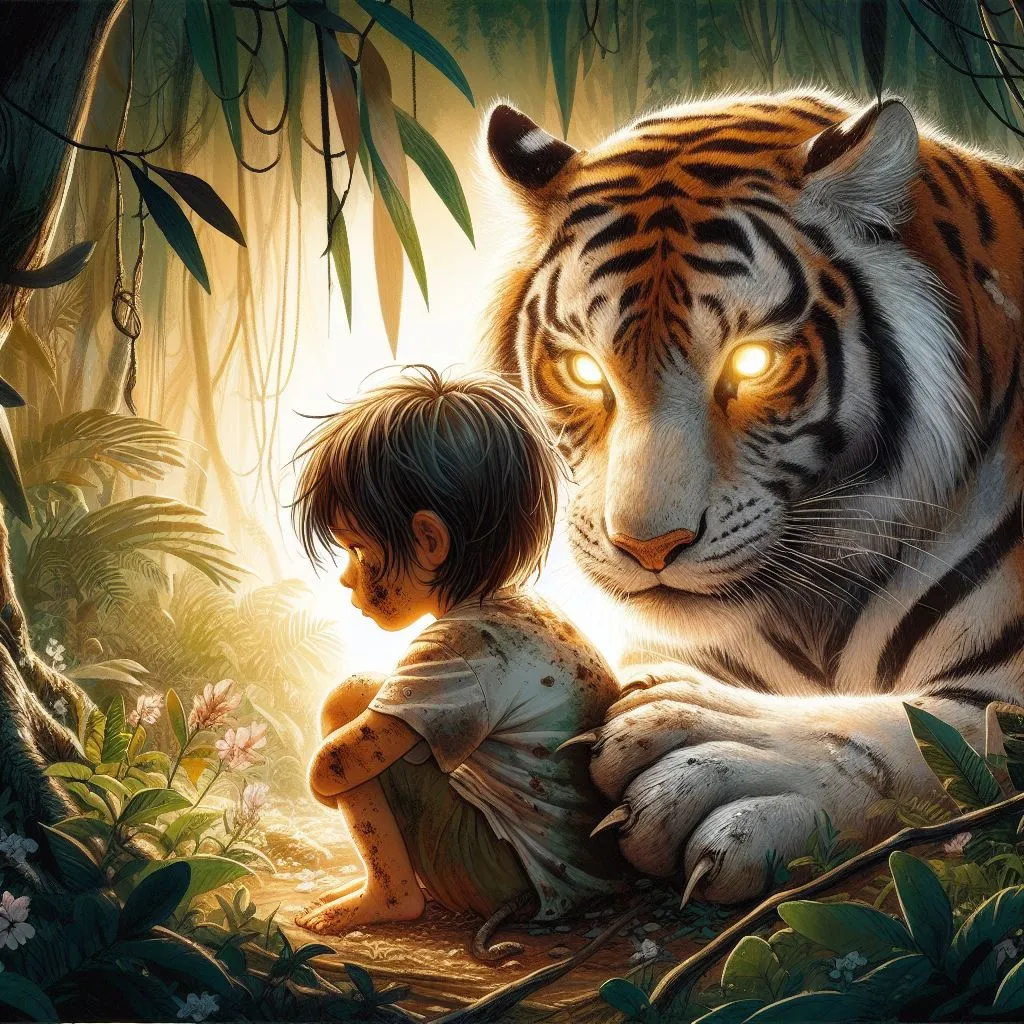 a boy and a tiger in the jungle