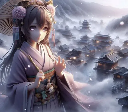 a woman in a kimono standing in front of a mountain