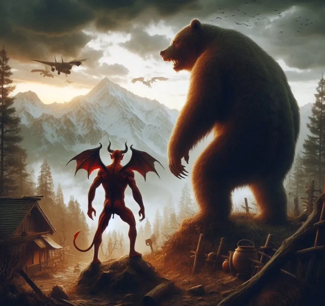  demon and a bear in the mountains