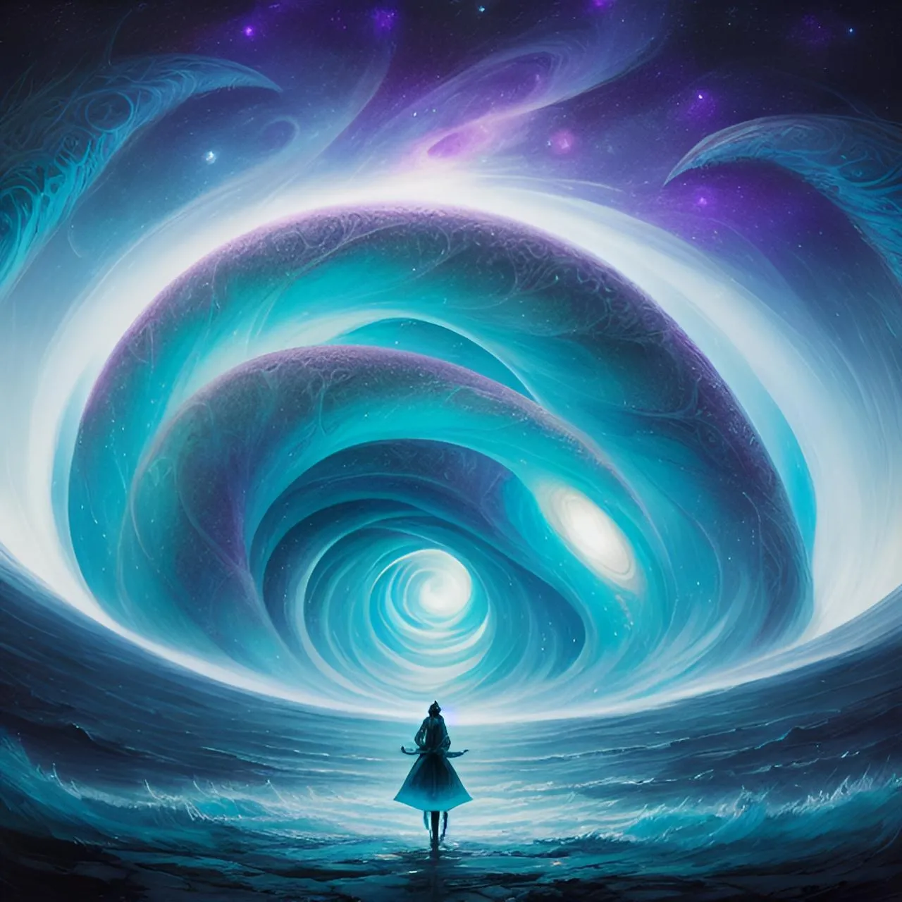 a painting of a person standing in front of a blue swirl