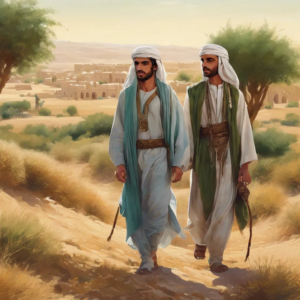 a painting of two men walking in the desert