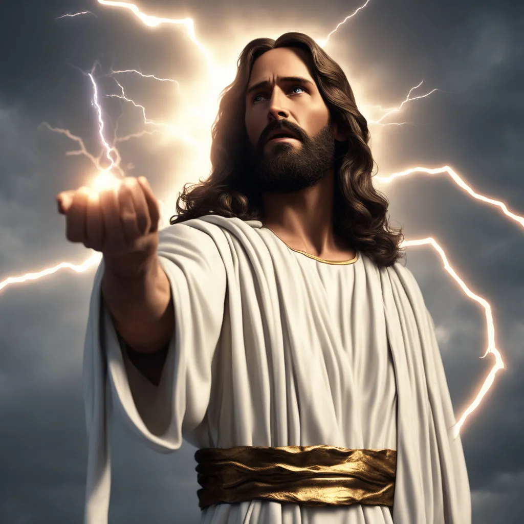 jesus pointing to the sky with lightning in the background