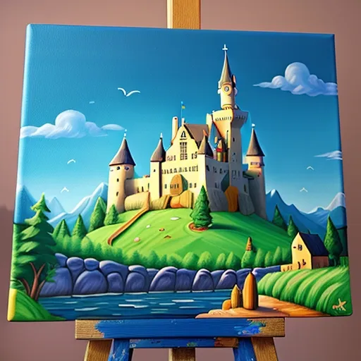 a painting of a castle on an easel