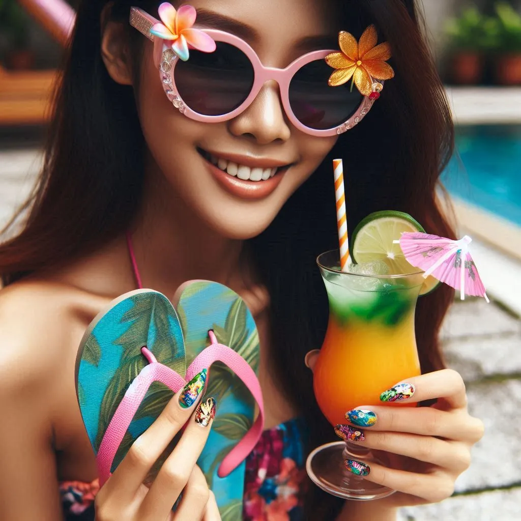 Close-up of a woman wearing colorful flip-flops and stylish sunglasses, holding a tropical drink with a little umbrella in it.