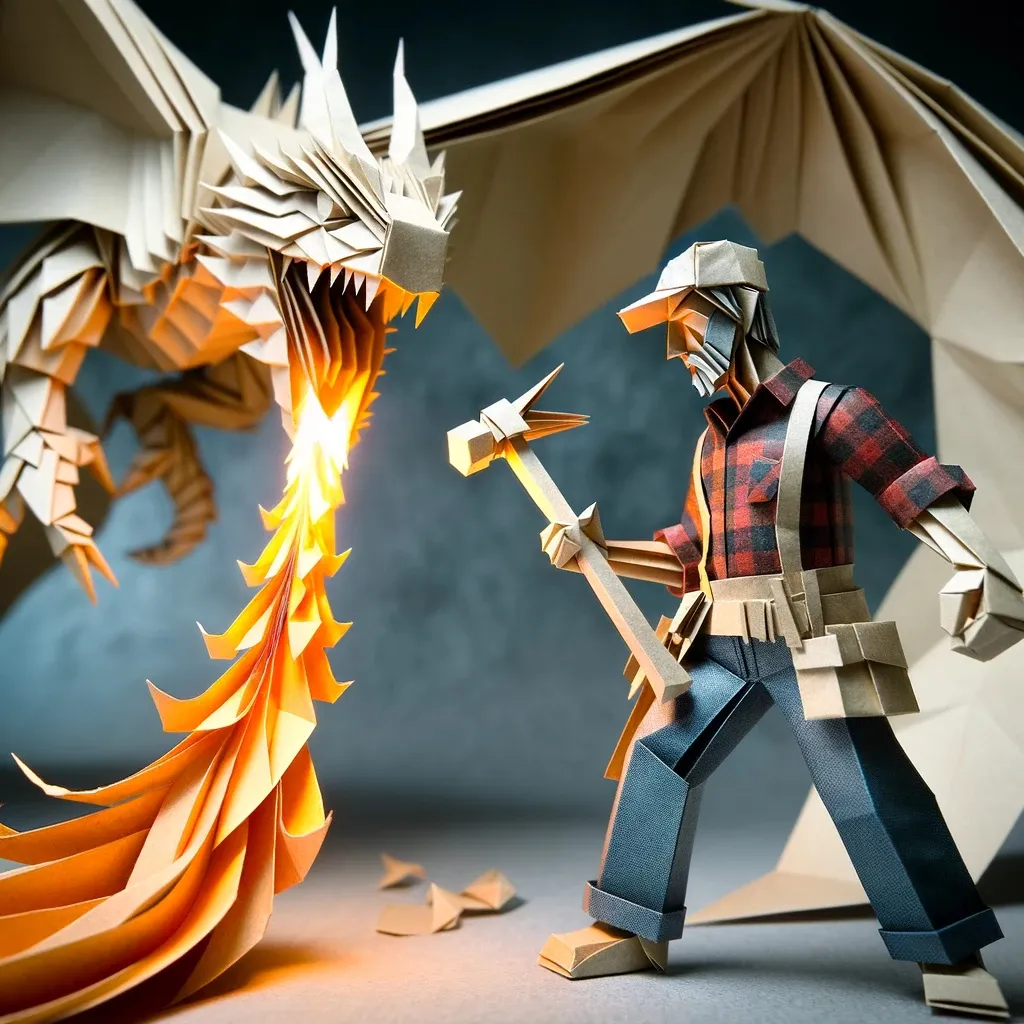 a paper sculpture of a man with a hammer and a dragon