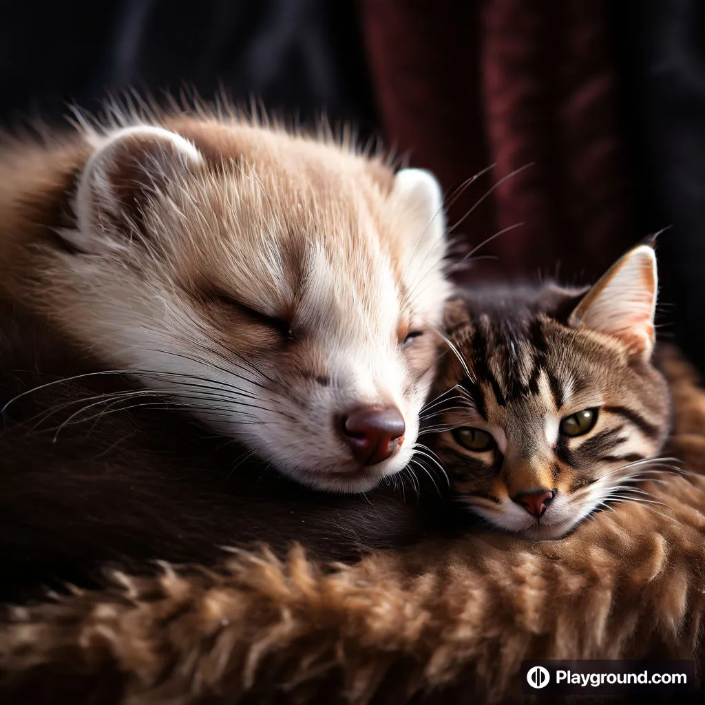 a kitten and a fox sleeping together on a blanket