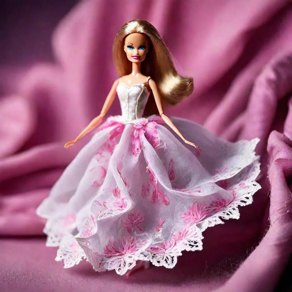 a barbie doll wearing a white and pink dress