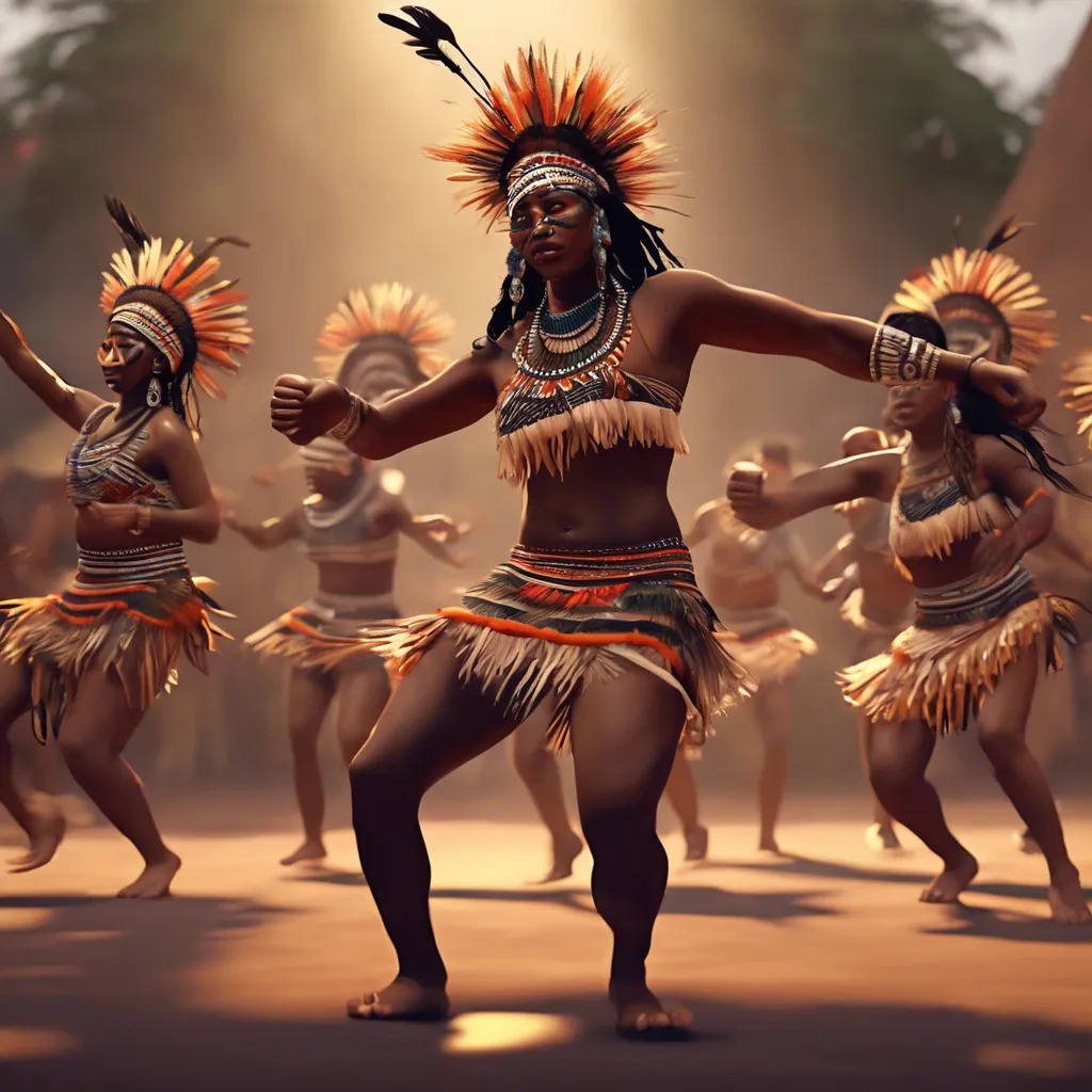 A tribal dance with dancers following the rhythm of the drums.