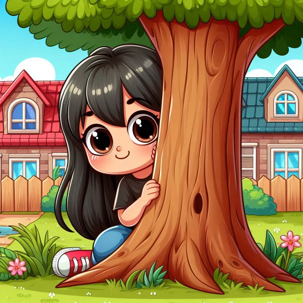 a girl peeking out from behind a tree