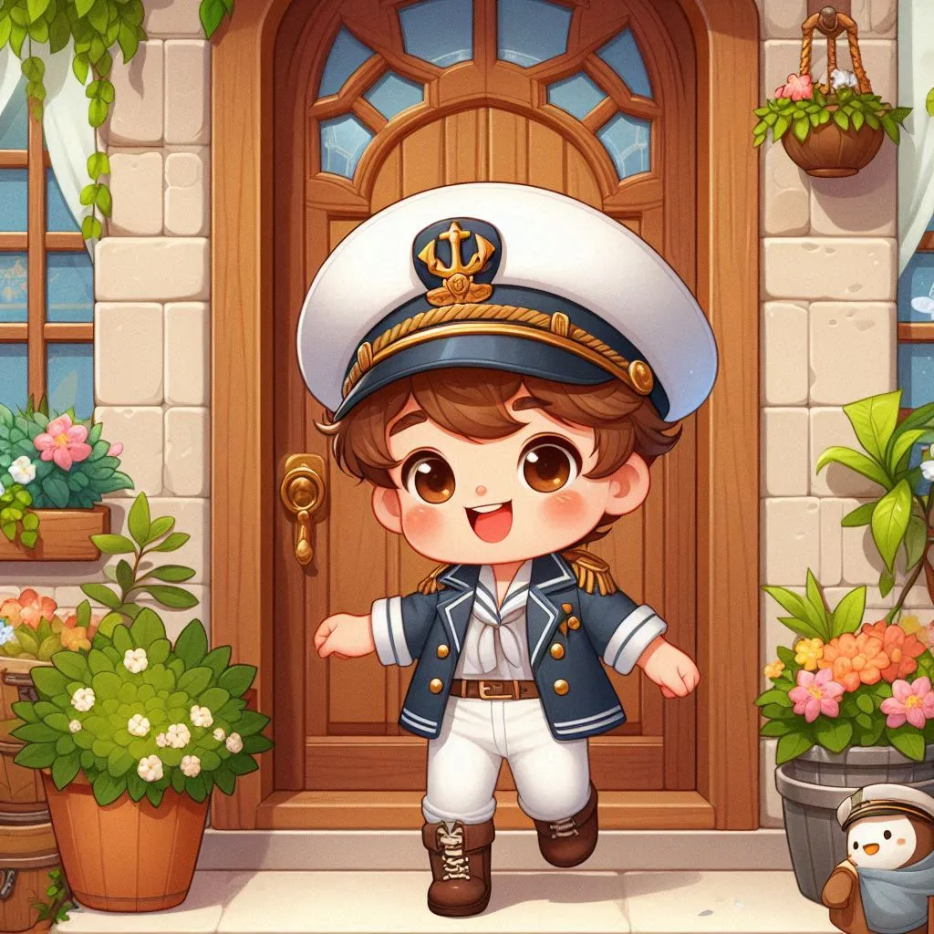 a boy in a sailor's outfit standing in front of a door