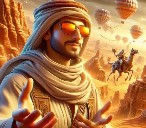 a man in a turban and sunglasses standing in front of a desert landscape