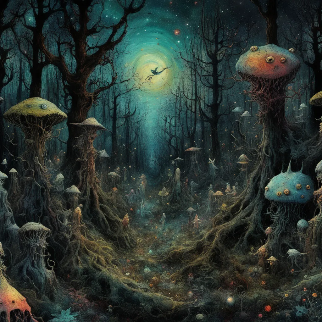 a painting of a forest filled with mushrooms