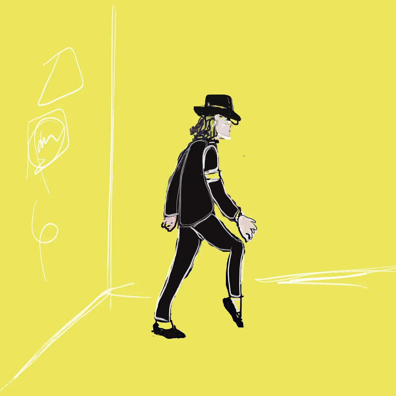 a drawing of a man in a suit and hat, he is dancing moonwalk like michael jackson, your legs go to front and back