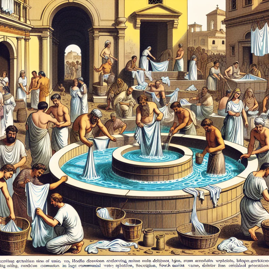 a painting of a group of people washing clothes in a fountain